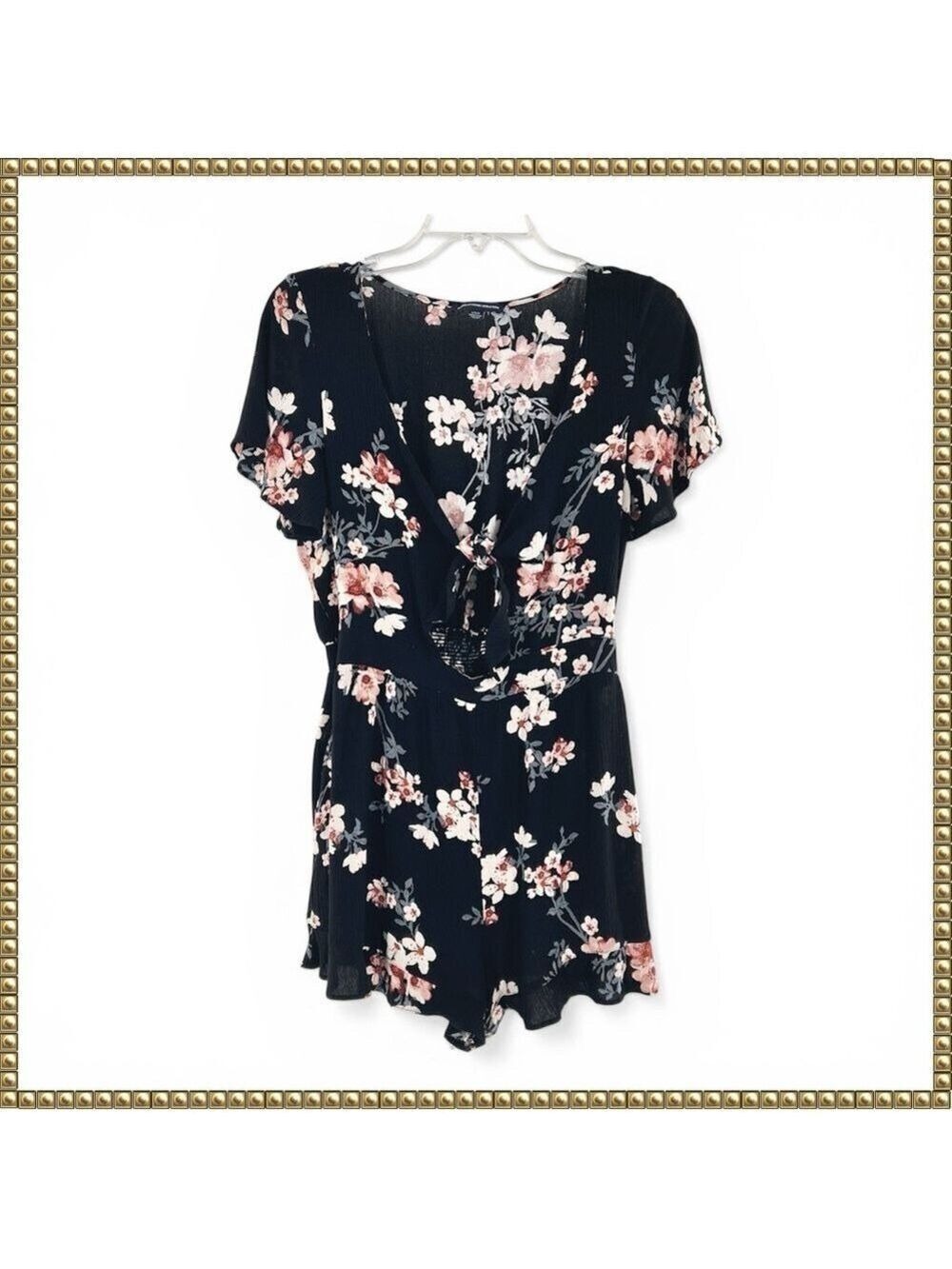 American Eagle Black Floral Romper Short Sleeve Large